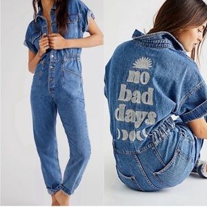 NWT Free People Marci Embroidered Coverall “No Bad Days”